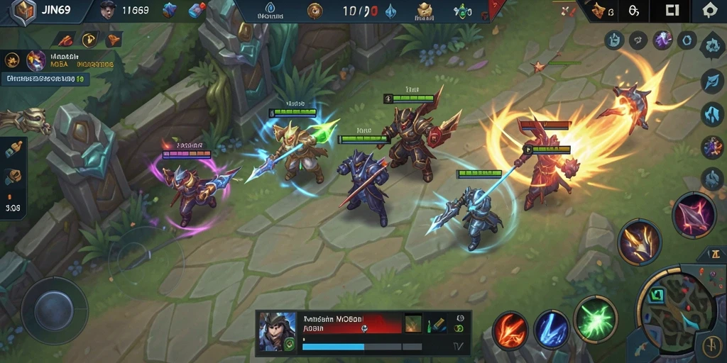 Screenshot permainan yang menunjukkan aksi pertarungan MOBA yang intens.